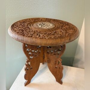 Vintage Indian Hand Carved Inlaid Floral Folding Round Mini Table Planter
